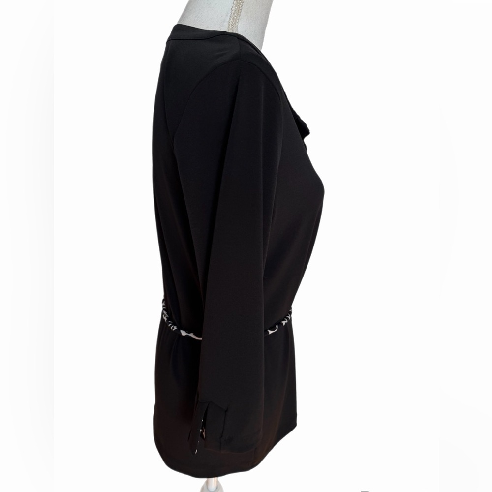 Dana Buchman Black Tunic Top Small Animal Print Trim Tie Waist 3/4 Sleeve Blouse - Picture 3 of 7